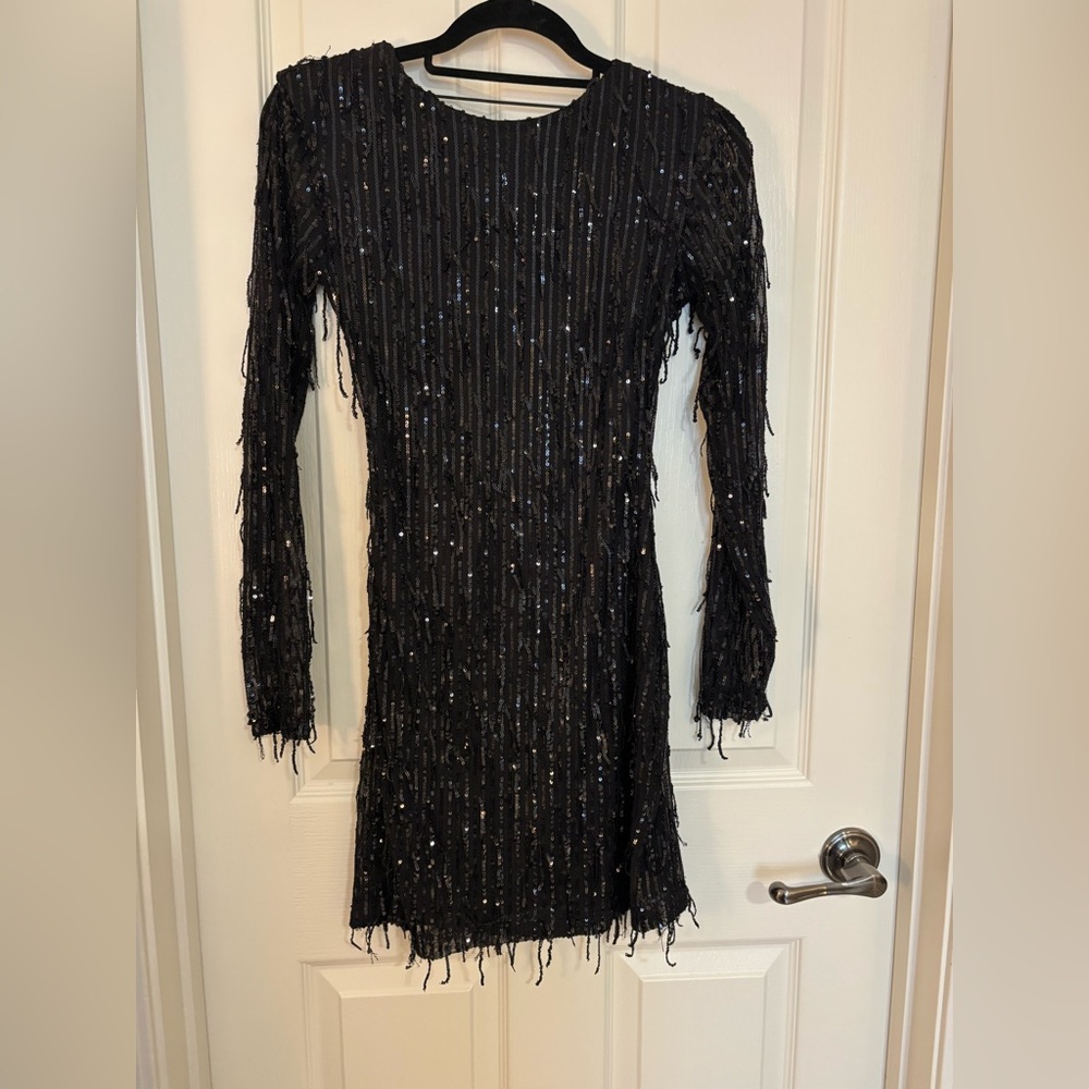 B. Darlin Black Sequin & Fringe Long-Sleeve Dress